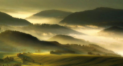 Scenic view of landscape against sky during foggy weather