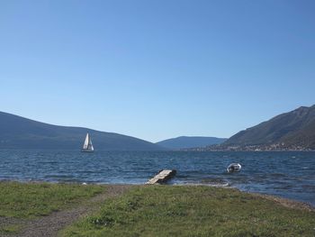 Scenic view of sea against clear blue sky