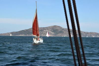 Sailboat sailing on sea against sky