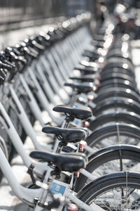 Close-up of bicycle in row