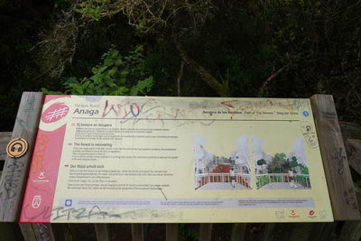 High angle view of information sign on tree