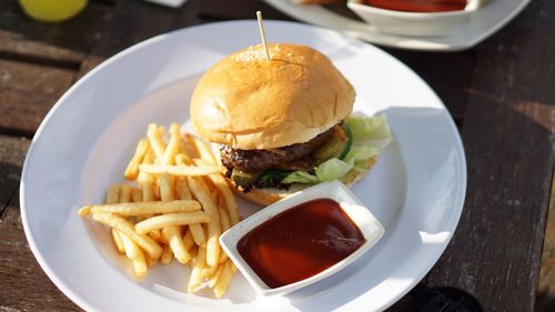 High angle view of food in plate on table