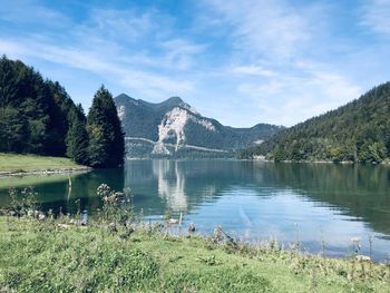 Scenic view of lake and mountains against sky