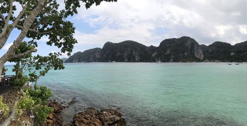 Scenic view of bay against sky