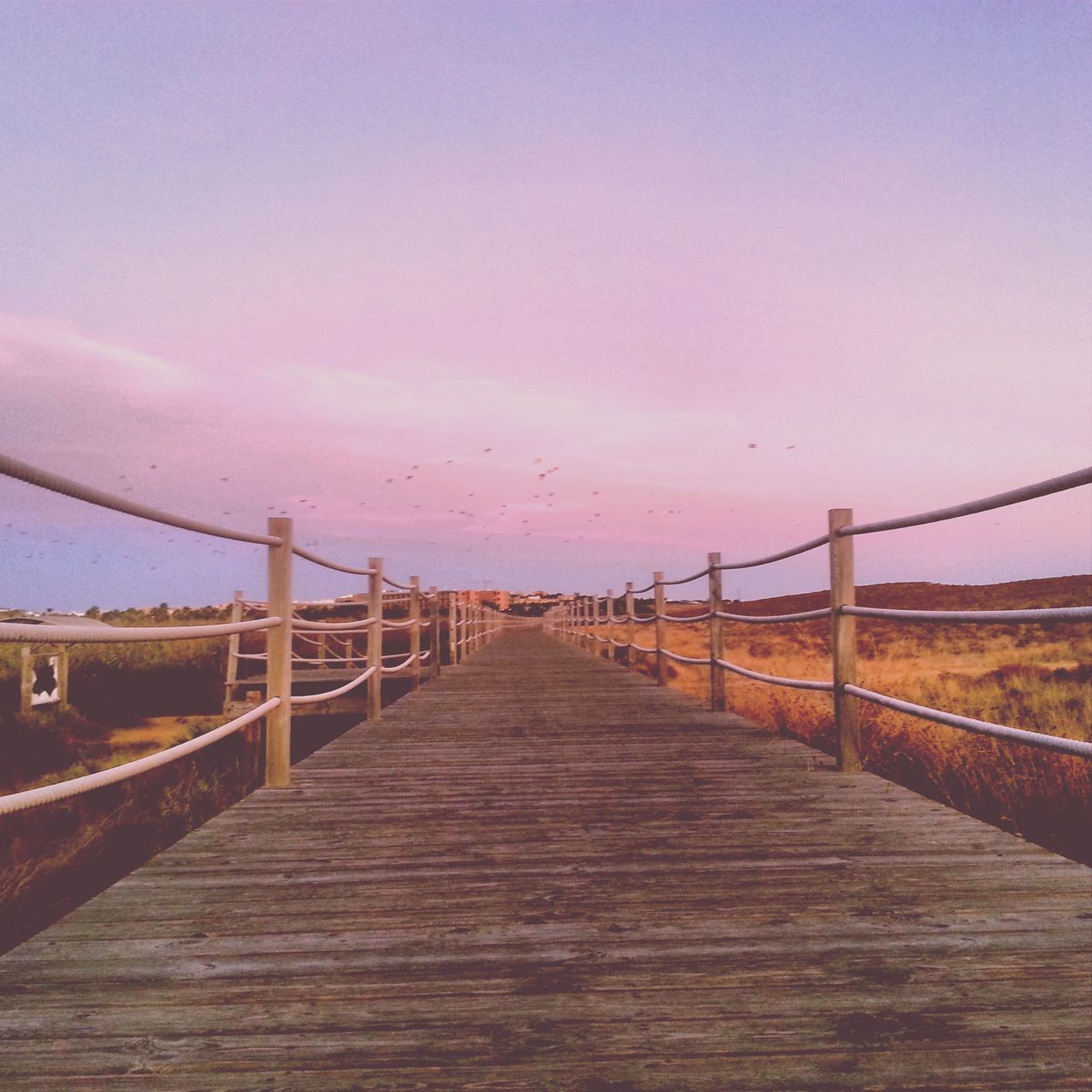 the way forward, diminishing perspective, sky, railing, vanishing point, boardwalk, tranquility, pier, connection, tranquil scene, sunset, nature, long, wood - material, scenics, built structure, water, beauty in nature, empty, outdoors