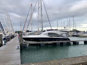 Sailboats moored at harbor