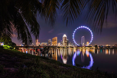 Illuminated ferris wheel at night