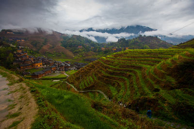 Scenic view of field against cloudy sky