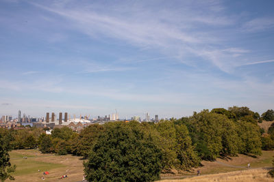 Plants and trees and buildings against sky