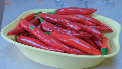 Close-up of red chili peppers in bowl on table