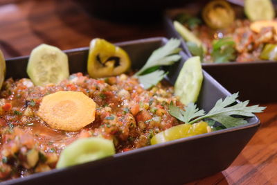 High angle view of meal served on table