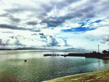 Scenic view of lake against cloudy sky