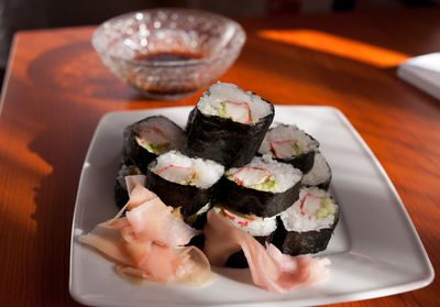 High angle view of sushi in plate on table