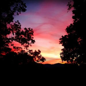 Silhouette trees on landscape against romantic sky at sunset