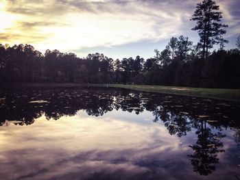 Scenic view of lake against cloudy sky