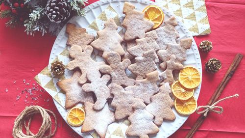 High angle view of cookies on table