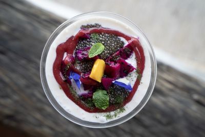 High angle view of dessert in bowl on table