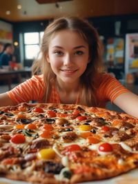 Portrait of young woman holding pizza