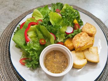 High angle view of food in plate on table