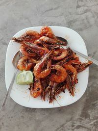 High angle view of seafood in plate on table