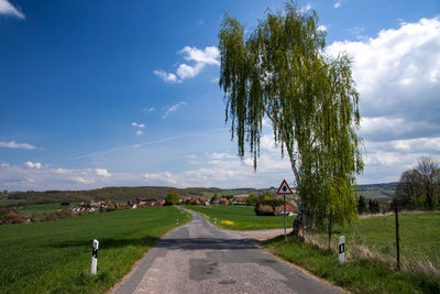 Road amidst trees on field against sky