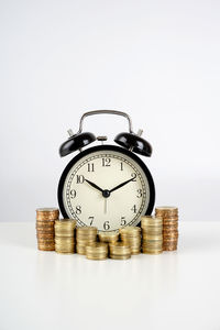 Close-up of clock on metal against white background