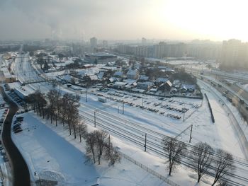 High angle view of cityscape during winter