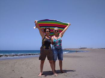 Friends standing at beach against clear sky