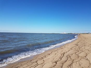 Scenic view of beach against clear blue sky