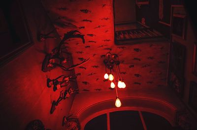 Illuminated light bulb hanging at home