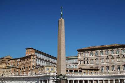 Low angle view of historical building against clear blue sky