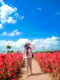 Rear view of woman standing by flowering plants against sky