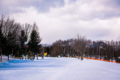 Trees on snow covered field against sky