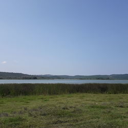 Scenic view of lake against clear sky