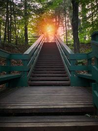 Wooden footbridge amidst trees in forest