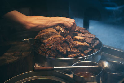 Close-up of meat in bowl on table