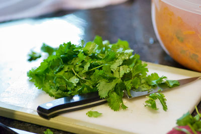 High angle view of coriander leaves and knife on cutting board