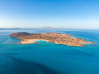 Drone view of isla de lobos, a small island off the coast of fuerteventura, canary islands, spain.