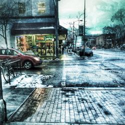 Wet street in city during rainy season