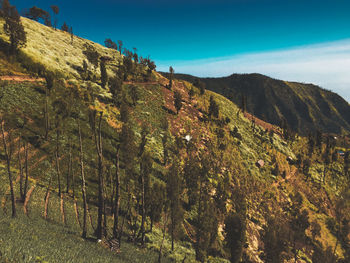 Scenic view of mountains against blue sky