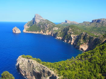 High angle view of cliff by sea against clear blue sky