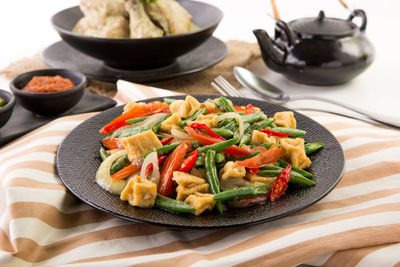 High angle view of food in plate on table