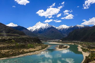 Scenic view of lake and snowcapped mountains against sky