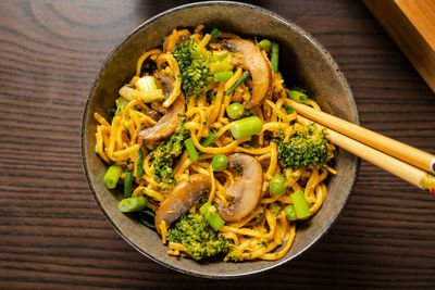 High angle view of food in plate on table