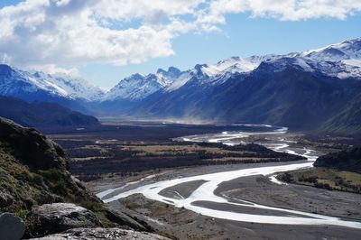 Scenic view of snowcapped mountains against sky