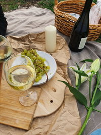 High angle view of fruits in basket on table