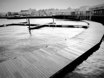 Scenic view of river against sky in city