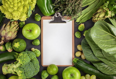 High angle view of fruits and leaves in container