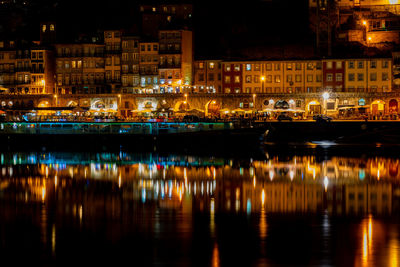 Reflection of illuminated buildings in river at night