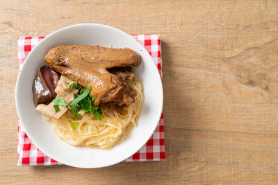 High angle view of food in plate on table